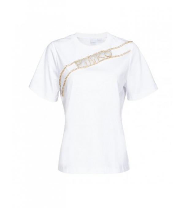 Χαρακτηριστικά: T-shirt με κοντό μανίκι. Κατασκευασμένο από βαμβακερό ύφασμα interlock. Κομμένο ένθετο με το λογότυπο PINKO στο μπροστινό μέρος, διακοσμημένο με κρυστάλλινο απλικέ. Λευκό.