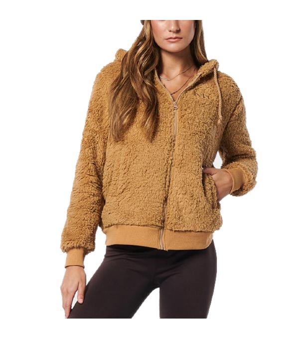 The Body Action Women's oversized sherpa jacket with zipper and hood. It has 2 pockets, a subtle embroidered logo on the top left, as well as a small stitched label low on the back. 