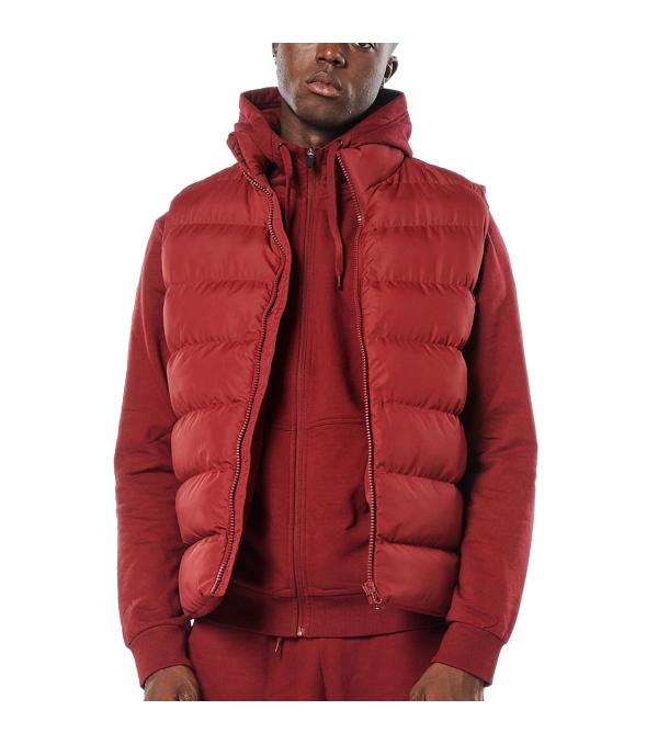 Body Action Men's sleeveless puffer jacket with zipper. It has 2 side pockets and a small stitched label/logo on the back, at shoulder height. 
