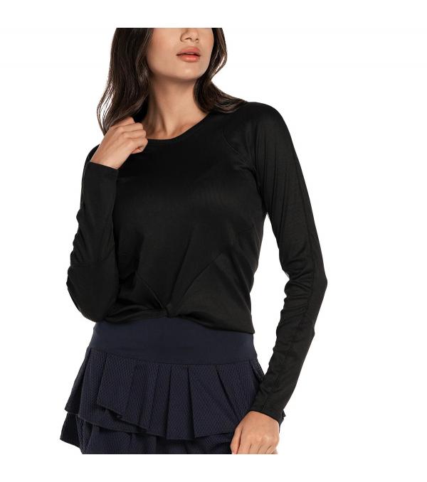 Designed to float on the body, the comfortable Black top is done in our lightweight rib. The tied up front hits at the high waist covering your midriff and your flair for fashion. Narrow shoulder lines provide a flattering look while modern cut-and-sow cuff details and mesh underarms provide fashion and function.