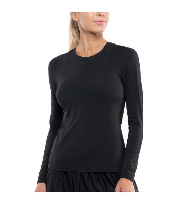 This Crew neck, Black long sleeve is made from super lightweight Polyester. Fabric is rated UPF 50+ for extra fun in the sun.