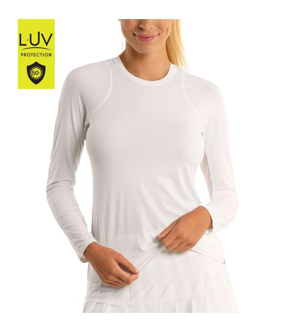 This Crew neck, white long sleeve is made from super lightweight Polyester. Fabric is rated UPF 50+ for extra fun in the sun.