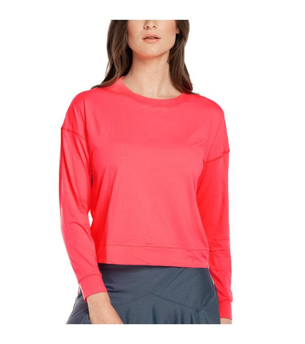 This Round neck, drop shoulder, coral long sleeve is made from super lightweight Polyester. The fabric is rated UPF 50+ for extra fun in the sun.